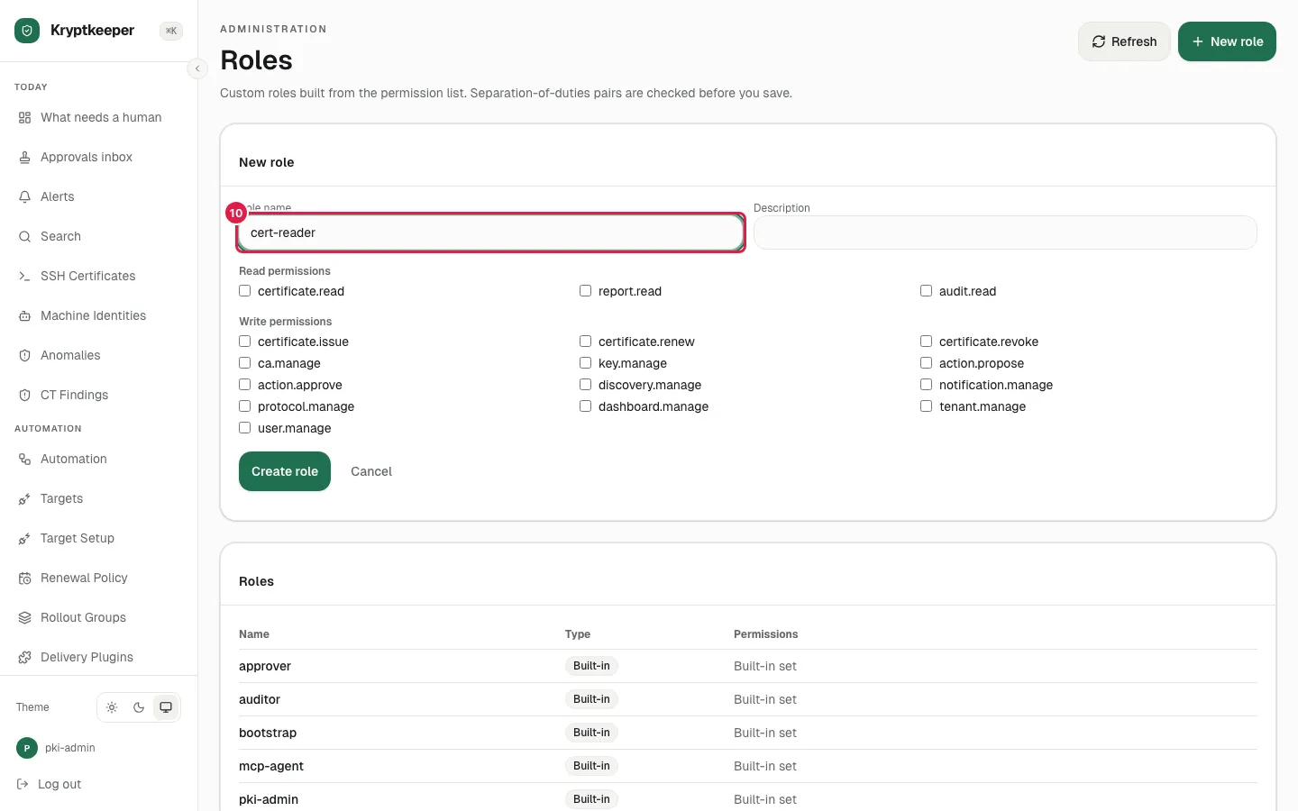 Fill Role name with "cert-reader"